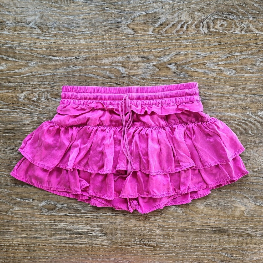 SHUG Fuchsia Pink Tiered Ruffle Mini Skirt Elastic Waist Drawstring XS
